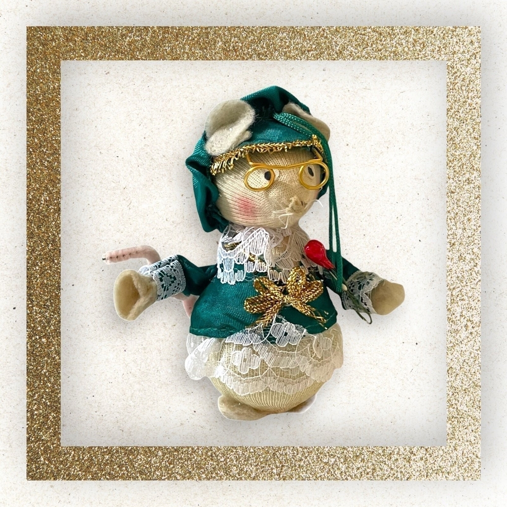 Vintage Handcrafted Christmas Mouse Ornament Xmas Green PJ Mouse